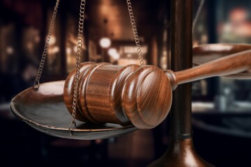 Symbol  law and justice, wooden gavel on the desk