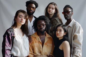 Obraz premium A diverse group of young individuals poses confidently, embodying modern style and solidarity, with each expressing unique fashion and personality against a minimalist gray backdrop.