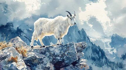 Watercolor mountain goat on a rocky cliff, with soft, textured fur.