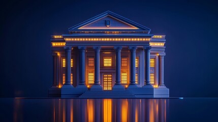 A beautifully lit miniature 3D bank building building showcasing classical architecture with vibrant reflections in a dark setting.