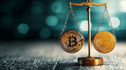 A symbolic representation of cryptocurrency balance illustrated by Bitcoin coins on a scale, highlighting financial justice.