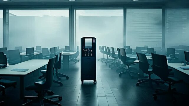 Mysterious vending machine in an empty modern office at dawn