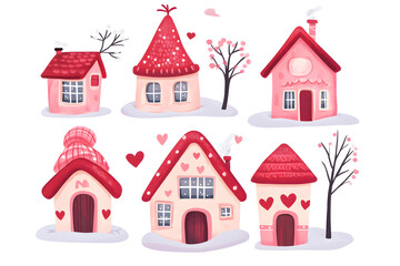 Cute tiny houses watercolor collection with warm winter hat  isolated on a white background