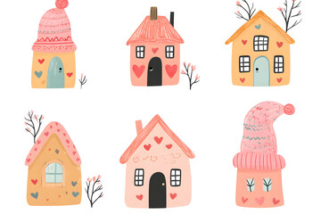 Cute tiny houses watercolor collection with warm winter hat  isolated on a white background