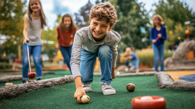 A group of children cheerfully plays miniature golf in a park, focusing on their shots and enjoying the sunny afternoon