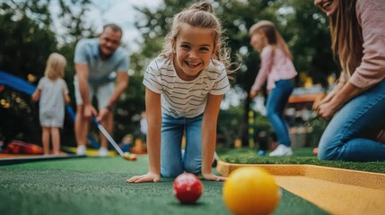 A young girl smiles broadly while playing mini golf with her family in a vibrant outdoor area