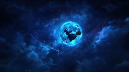 Witch flying on a broom through a video game landscape, night sky, 3D illustration