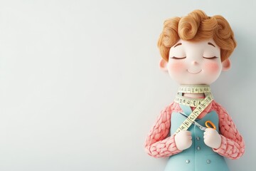 Fototapeta premium Playful 3D Cartoon Tailor Character with Measuring Tape and Scissors on White Background