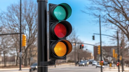 Traffic light shines green against a backdrop of blue sky and nearby signals in a busy urban intersection