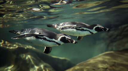 Obraz premium Two humboldt penguin swimming in underwater
