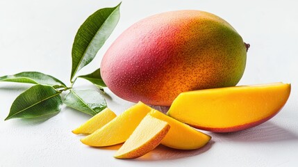 A ripe mango, with slices artistically fanned out, isolated on a white background, emphasizing its premium export quality