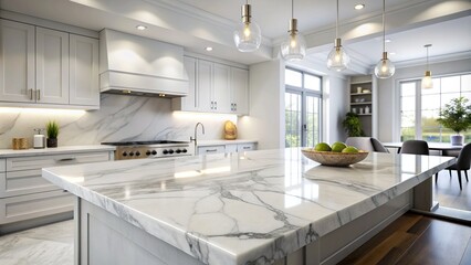 Polished white marble countertop with subtle grey veining, reflecting soft light, against a blurred kitchen background, evoking elegance and sophistication.