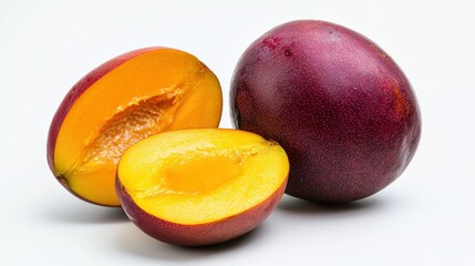 A ripe mango, whole and sliced to reveal its juicy orange flesh, isolated on a white background, highlighting its export quality