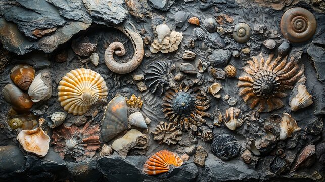 A collection of various seashells and fossils embedded in rough dark gray rock.