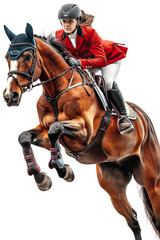 Obraz premium Full length portrait of a woman riding a horse in equestrian jumping Isolated on transparent background.