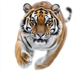 Obraz premium A fierce tiger running towards the viewer, showcasing its powerful build and striking orange and black stripes.