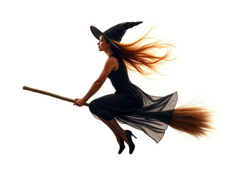 Magical Witch on a Flying Broomstick Isolated in White Background