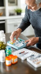 A man meticulously arranges his medications into a weekly pill organizer while seated at his kitchen table