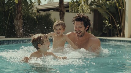 A father and his two kids splash and laugh together in a backyard pool under the sun