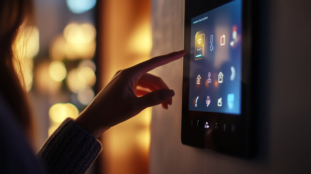 Individuals and families adjust lighting dimm, temperature and electrical appliances with their personal devices using touch-screen, holograms, demonstrating the application of smart home technology.