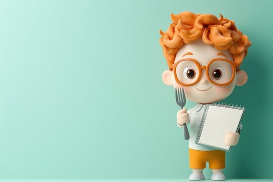Cheerful 3D Cartoon Food Critic Reviewing Dish with Fork and Notebook, Isolated on Light Background