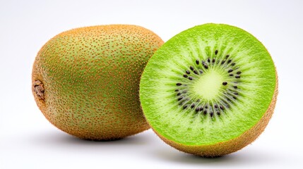 Fototapeta premium A ripe kiwifruit, with its green flesh and tiny black seeds, isolated on a white background, emphasizing its premium export quality