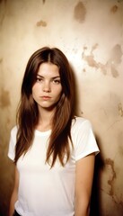 Fototapeta premium Minimalist Fashion Portrait of a Woman in White T-Shirt on Textured Background