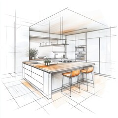 A clean sketch of a modern kitchen, with minimalist elements and smart technology integration, showcasing future forward design.