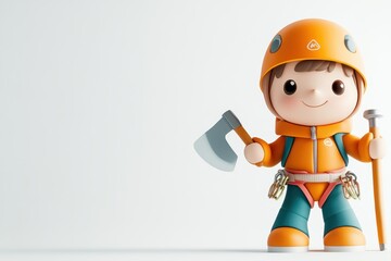 Cartoon Mountain Climber with Ice Axe and Helmet in 3D Isolated on White Background