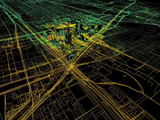 Obraz premium Technical aerial visual, 3D LiDAR GIS aerial map satellite scan model isolated, showing South Bend. Elevation, topography, render