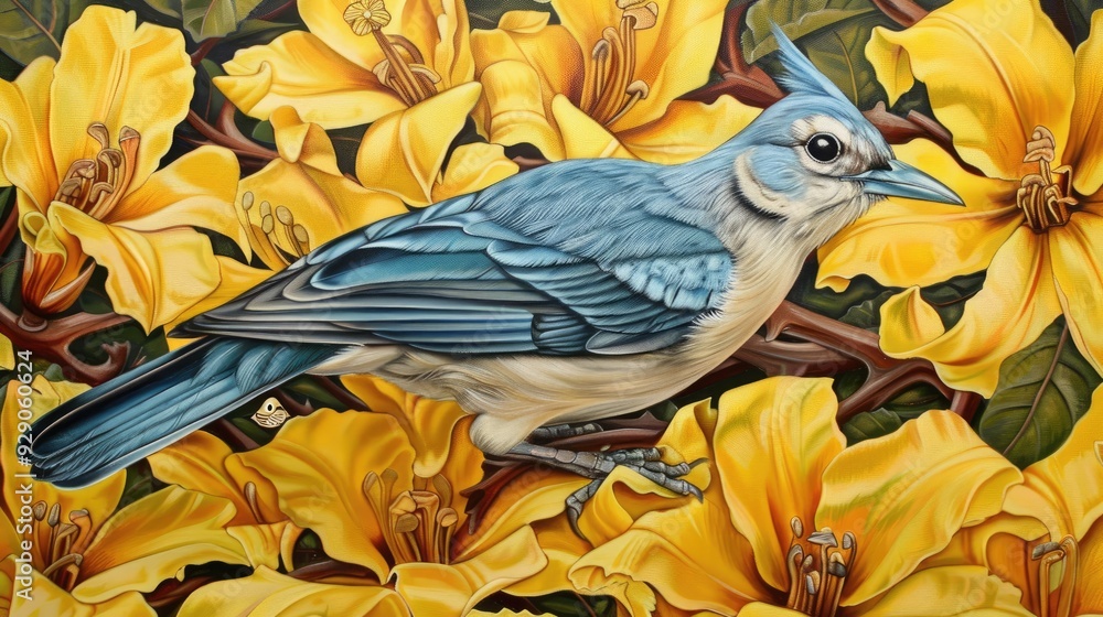 Wall mural A beautiful blue bird is perched on yellow flowers