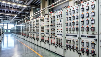 Fototapeta premium Rear view of a complex industrial electrical switchgear system with rows of circuit breakers, fuses, and control panels in a large factory setting.