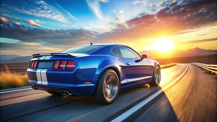Naklejka premium Rearview of a sleek, high-performance muscle car in a bold blue hue, with distinctive stripes and a powerful engine, speeding away on a sun-kissed road.