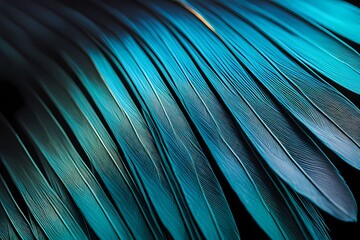 Fototapeta premium Close up of blue and green feathers on a black background. Macro.