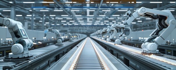 Manufacturing and Processing Industry: Presents an assembly line in a factory with robotic arms working. At the front end, finished products are on a conveyor belt.