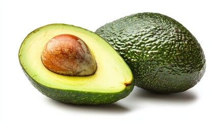 A ripe avocado, halved to reveal the creamy green flesh and seed, isolated on a white background, highlighting its export quality