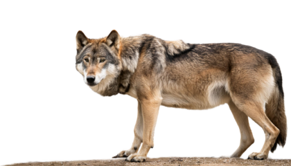 Solitary gray wolf with intense gaze isolated on pristine transparency background