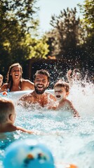 A joyful family day unfolds with laughter and water splashes in a cheerful backyard pool setting