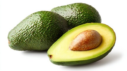 A ripe avocado, halved to display the smooth seed and creamy green flesh, isolated on a white background, emphasizing its export quality