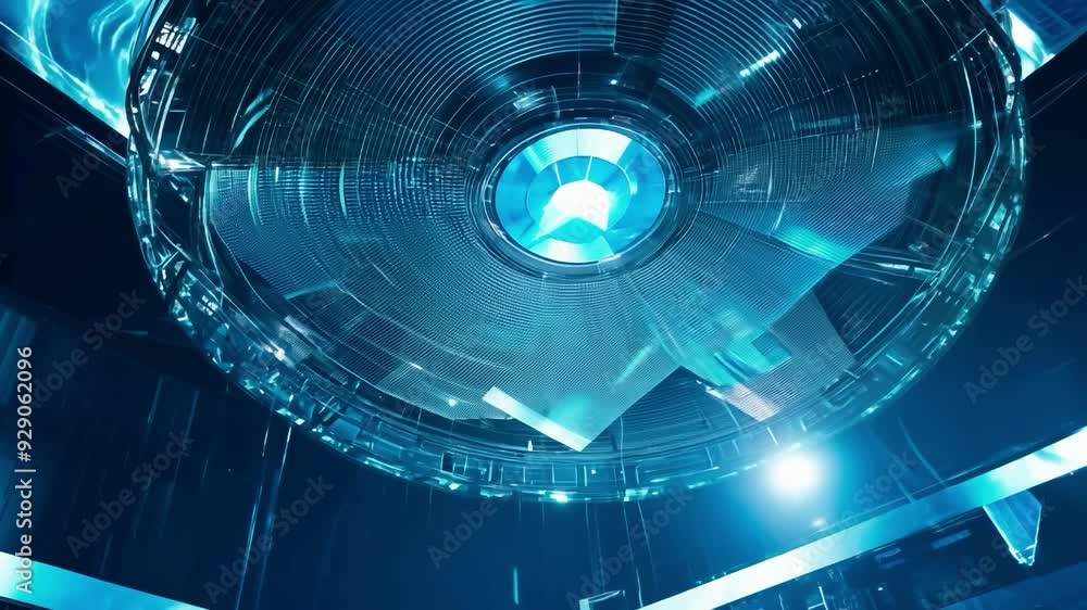 Poster exploring a futuristic high-tech facility with advanced lighting effects and dynamic visuals