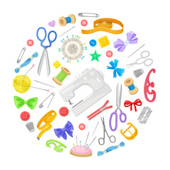 Needlework Round Composition Design with Tailor and Sewing Equipment Vector Template