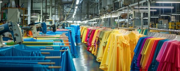 Textile and Apparel Industry, Show a clothing factory with sewing machines and fabrics. Foreground includes colorful garments on racks.