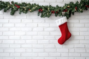White brick wall with Christmas garland and a red Christmas stocking hanging
