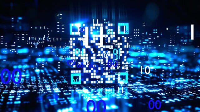 13 seconds of moving QR code with binary code flying out hd , video ,animation, motion graphics, 1920, 1080