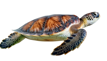 Closeup of green turtle with brown shell isolated on transparency background
