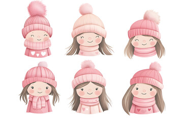 Watercolor style cartoon illustration set of cute girls wearing warm winter clothes, isolated on white background