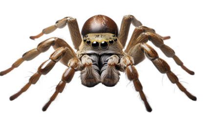 Close-up macro shot of hairy brown tarantula isolated on transparency background