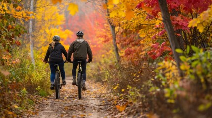Fototapeta premium Two cyclists enjoy a leisurely ride along a wooded path surrounded by vibrant autumn foliage.