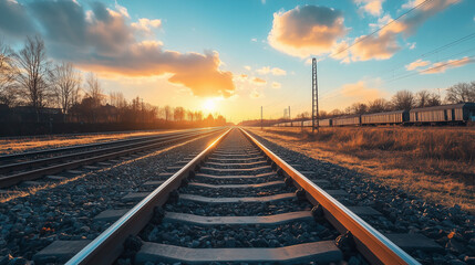 Obraz premium Captivating image of railway tracks at sunset, showcasing a tranquil landscape with vibrant skies and distant horizon. Perfect for themes of travel, tranquility, and nature's beauty.