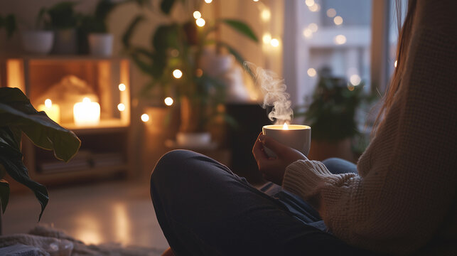 Person practicing self-care in a serene home setting. Relaxing activity, meditation, journaling, using a face mask. Retreat.